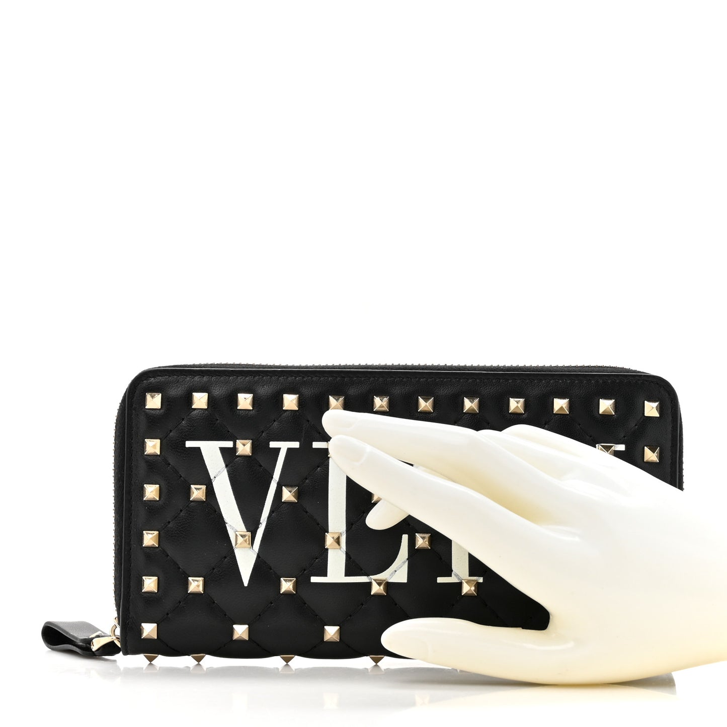Lambskin Rockstud Spike VLTN Zip Around Wallet Black