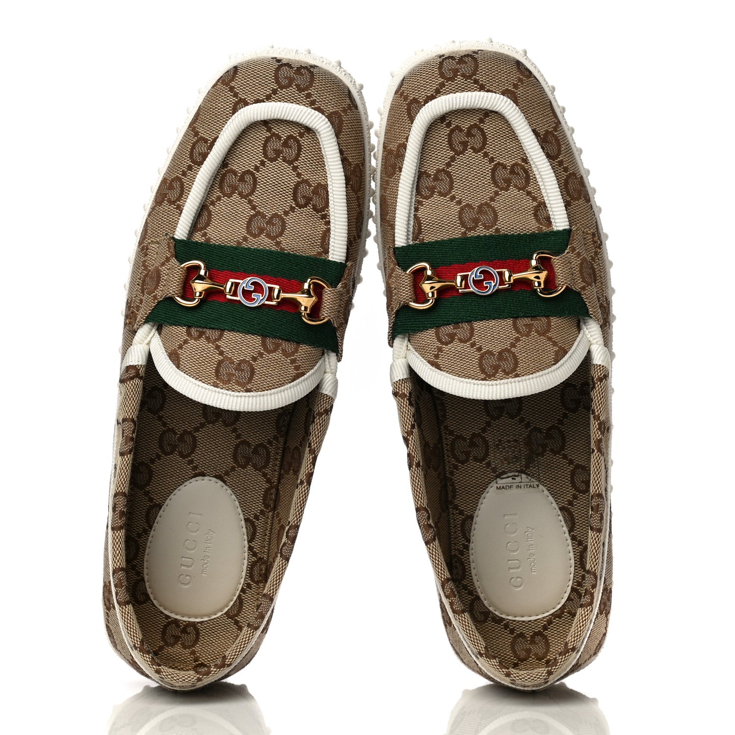 GG Monogram Horsebit Web Womens Driver Loafers 37 Beige Ebony White