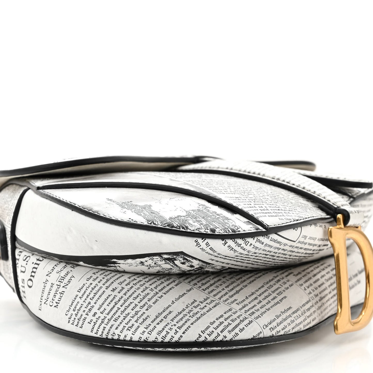 Calfskin Newspaper Printed Saddle Bag With Strap Black White
