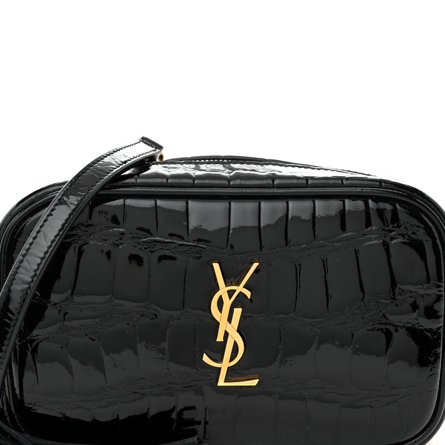 Patent Calfskin Crocodile Embossed Monogram Mini Lou Camera Bag Black