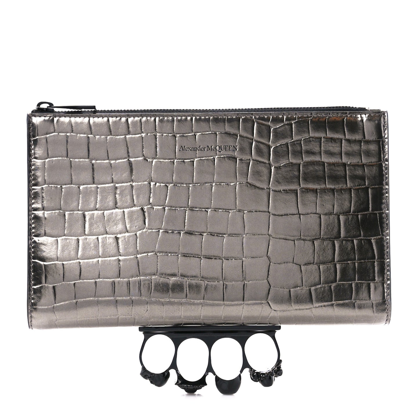 Metallic Calfskin Crocodile Embossed Knuckle Flat Zip Clutch Silver
