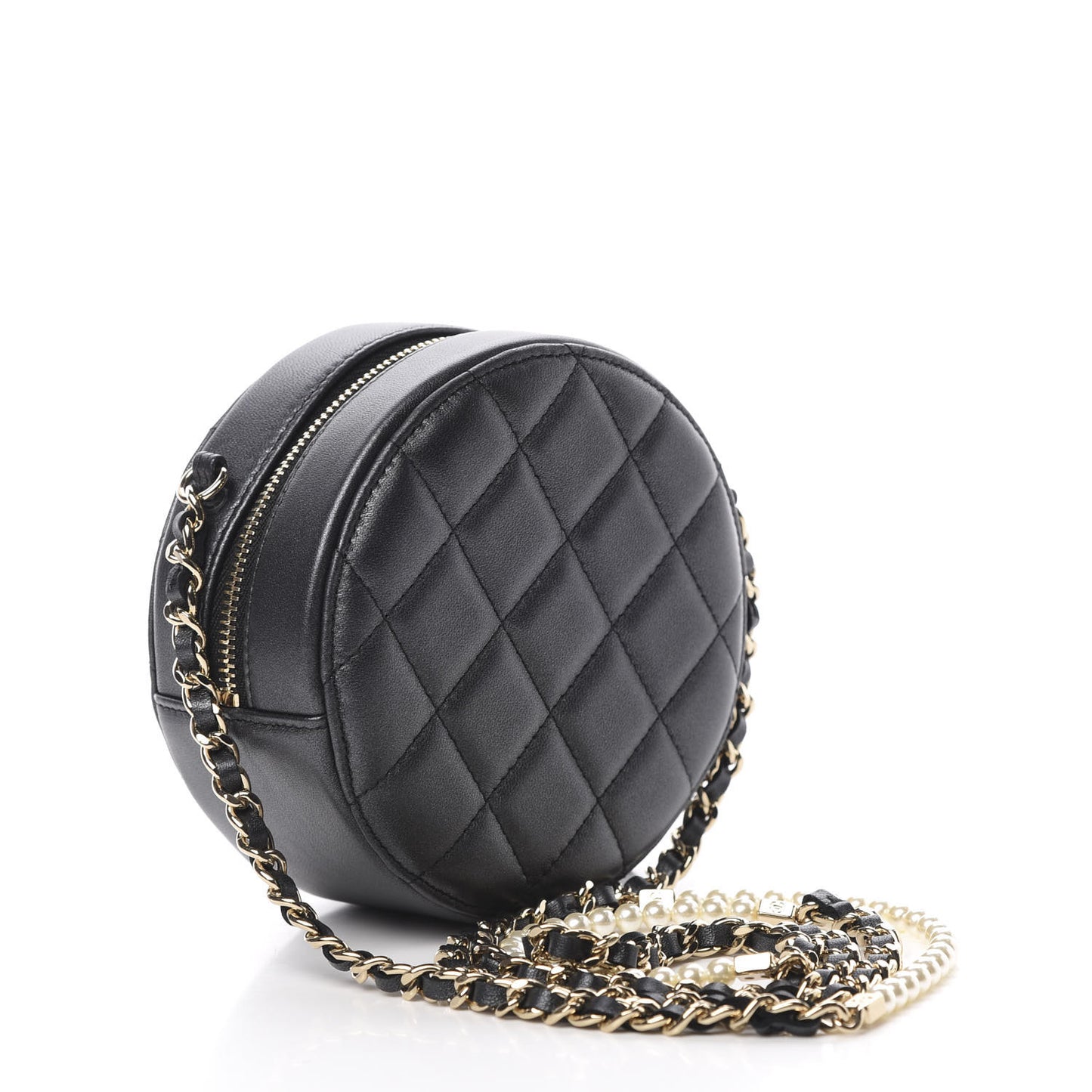 Iridescent Lambskin Quilted Pearl Round Clutch With Chain Black