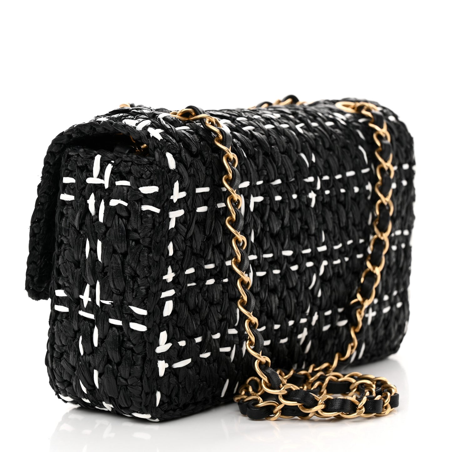 Raffia Effect Medium Tweedy Flap Bag Black White