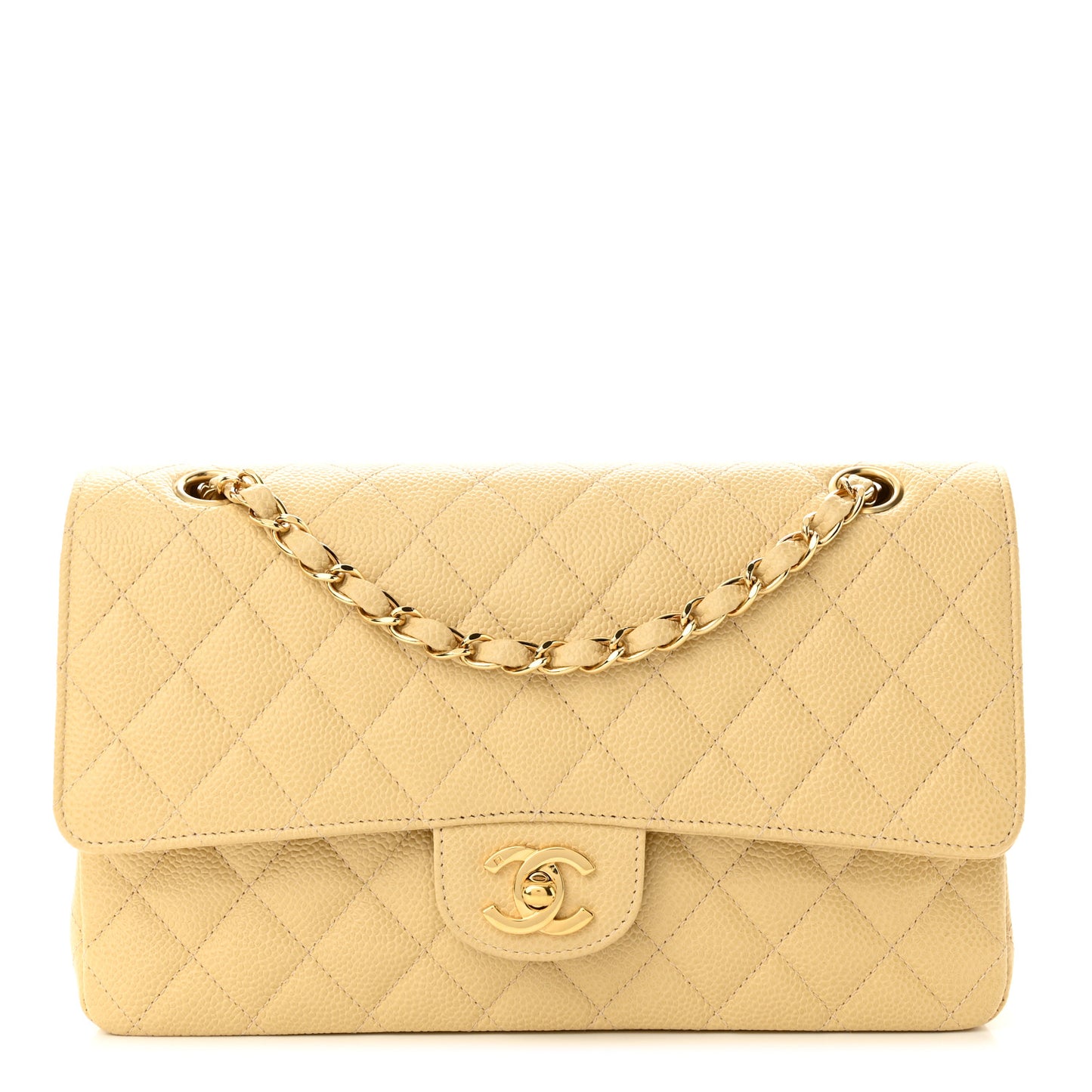 Caviar Quilted Medium Double Flap Beige