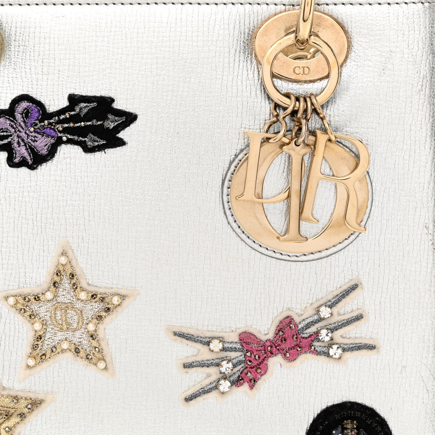 Metallic Calfskin Embroidered Lady Dior Silver Multicolor