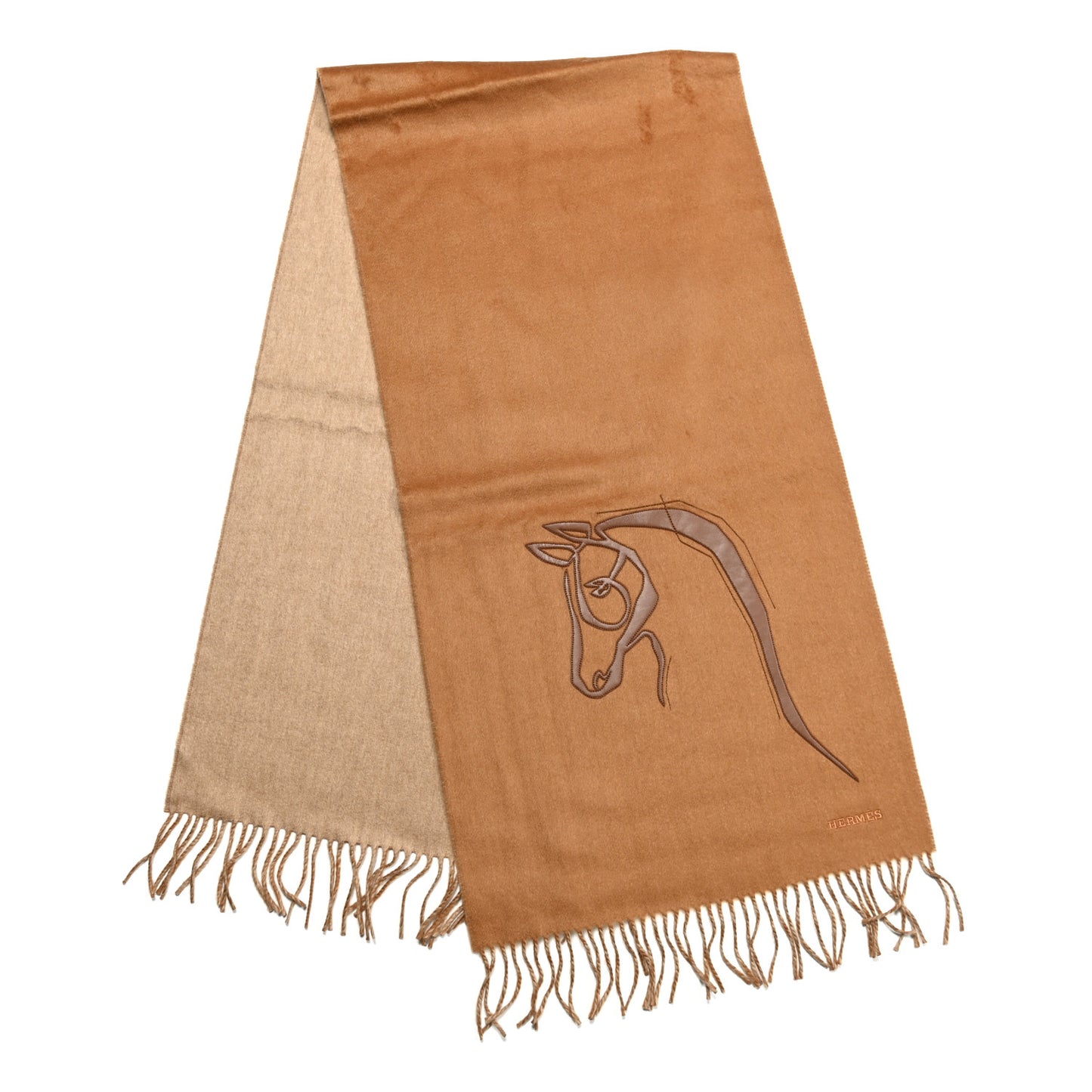 Cashmere Calfskin Cheval Au Trait Muffler Camel Beige