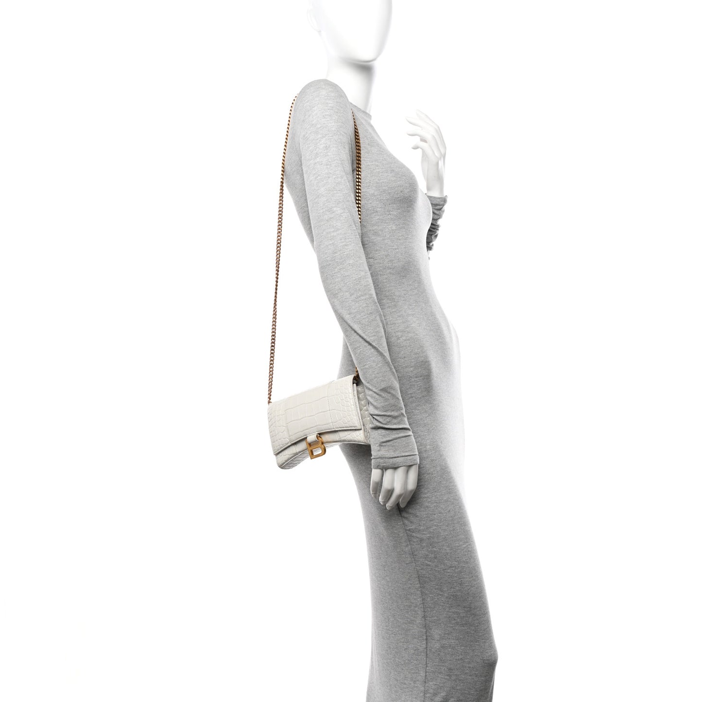 Shiny Calfskin Crocodile Embossed Hourglass Chain Bag White