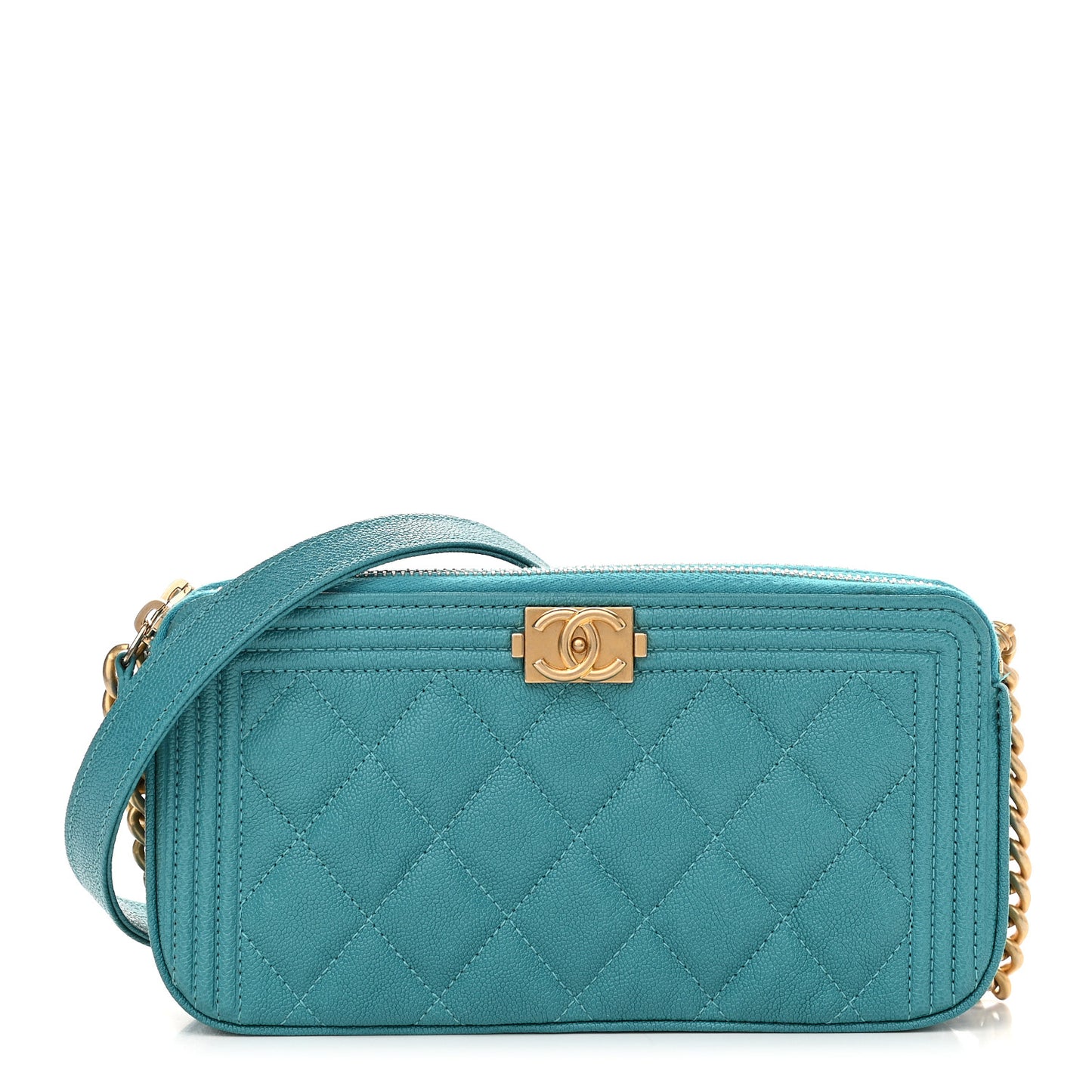 Caviar Quilted Small Boy Clutch With Chain Turquoise