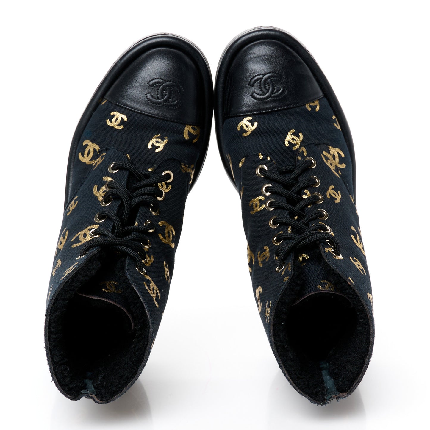 Lambskin Shearling Canvas CC Lace Up Boots 38.5 Black Gold