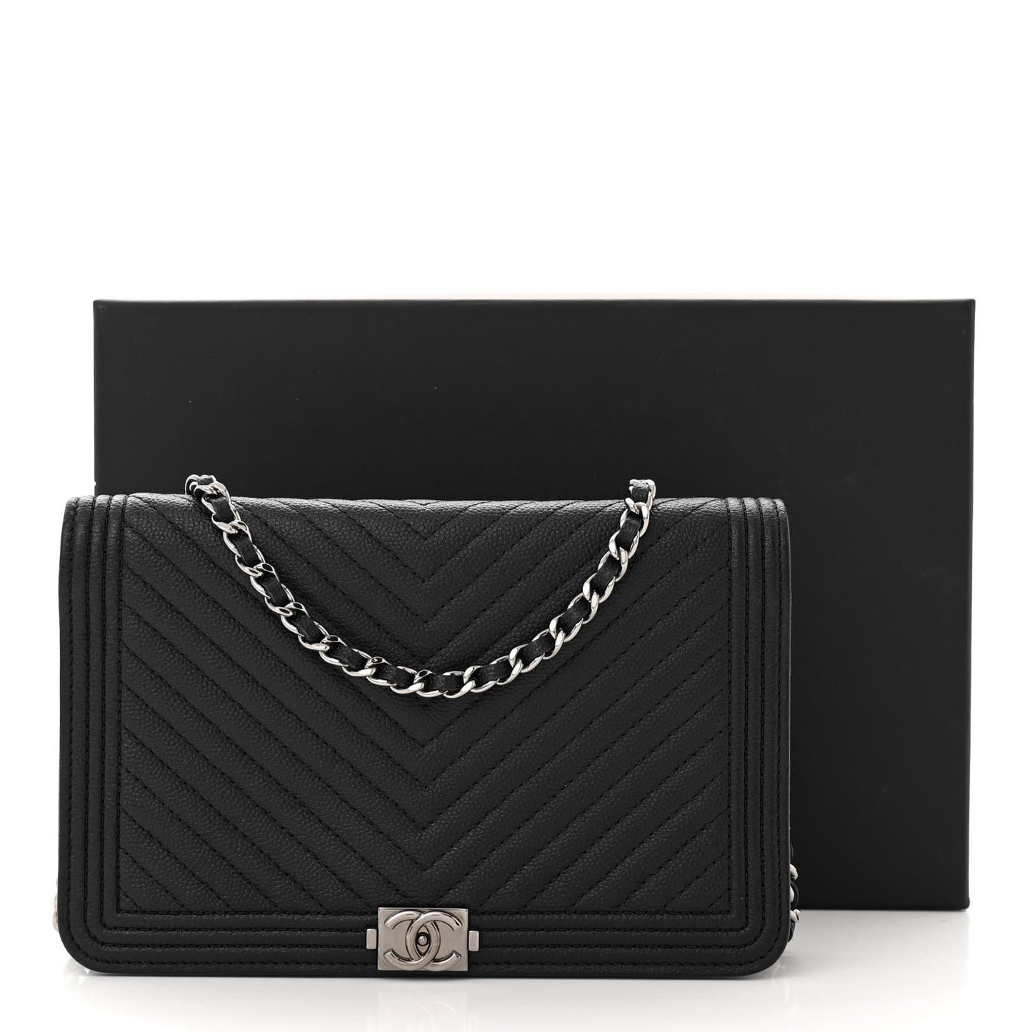 Caviar Chevron Quilted Boy Wallet On Chain WOC Black