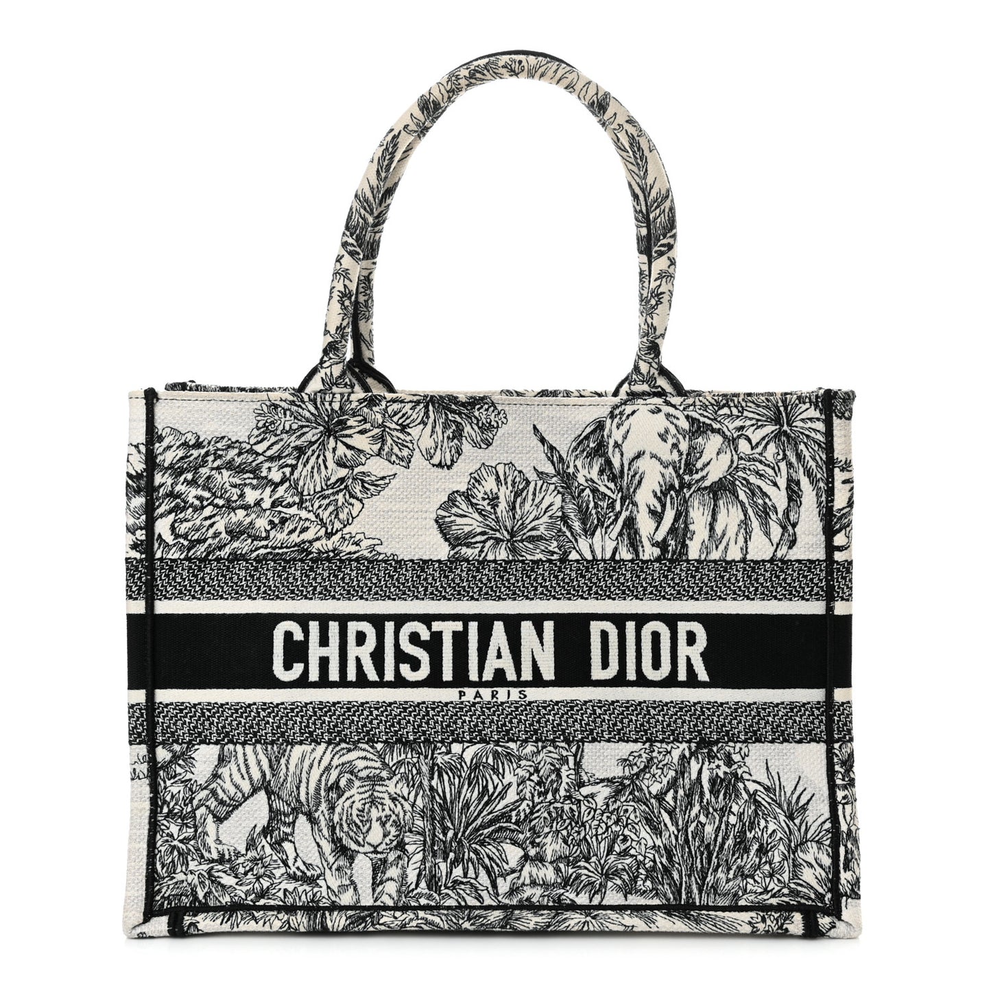 Canvas Embroidered Medium Toile de Jouy Voyage Book Tote White Black