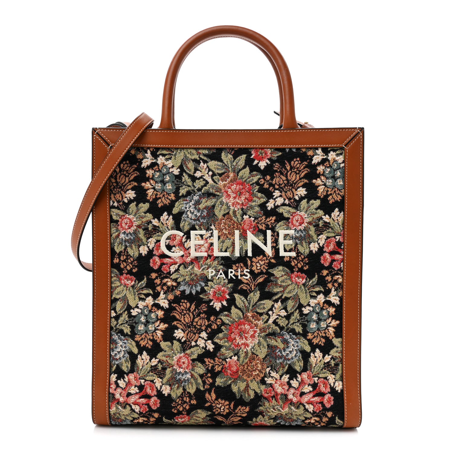 Celine Canvas Calfskin Jacquard Floral Small Vertical Cabas Black Tan 1 of 14