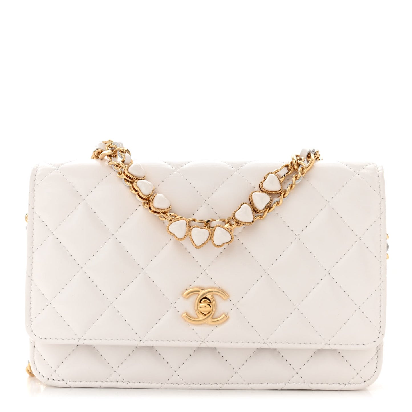 Lambskin Quilted Hearts CC Wallet On Chain WOC White