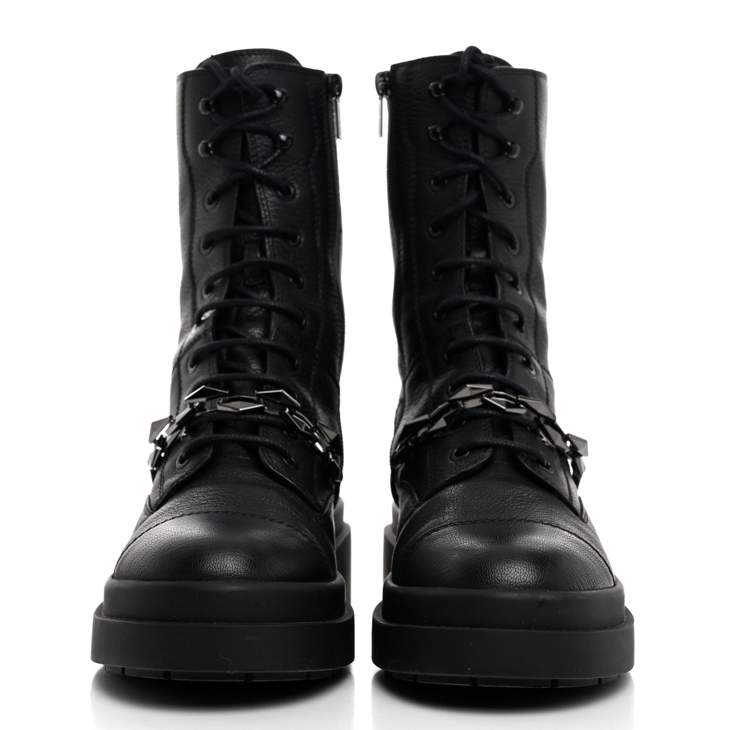 Grained Calfskin Nari Diamond Chain Flat Boots 39 Black Anthracite