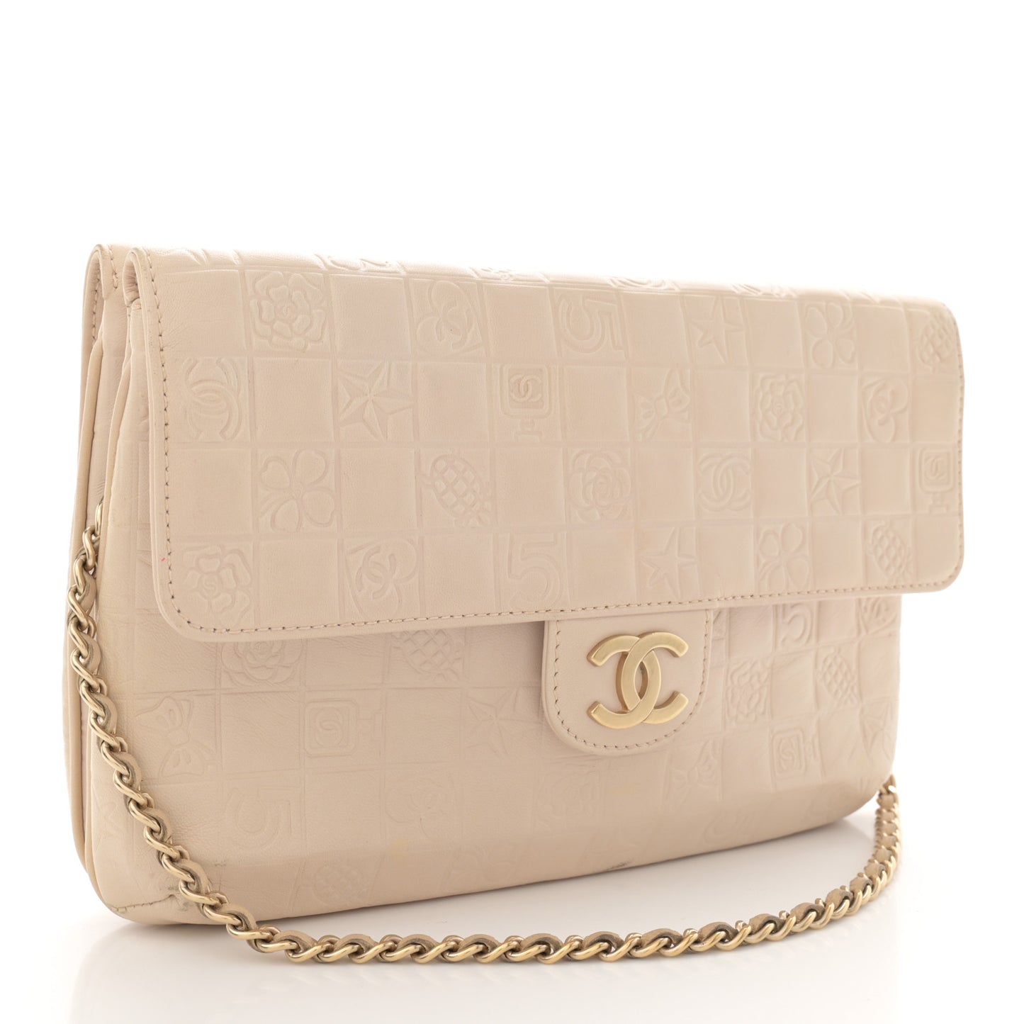 Lambskin Precious Symbols Double Flap Clutch On Chain Beige