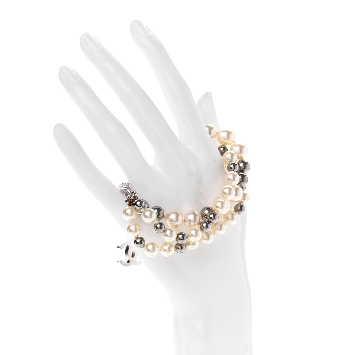 Pearl Bead CC Multi Strand Bracelet White Silver