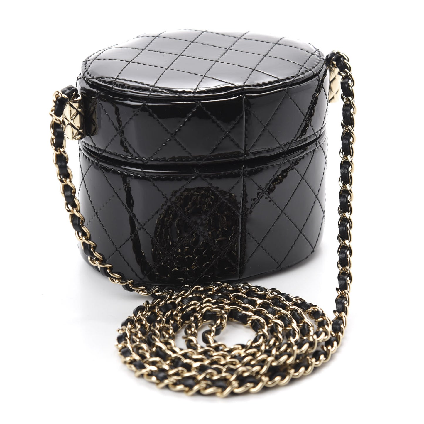 Patent Quilted Round Small Vanity With Chain Black