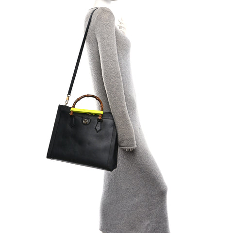 Calfskin Medium Diana Tote Bag Black Yellow Fluo