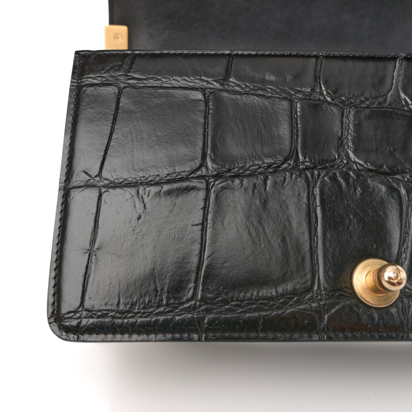 Calfskin Crocodile Embossed Graffiti Cocodile Medium Boy Flap Black Gold