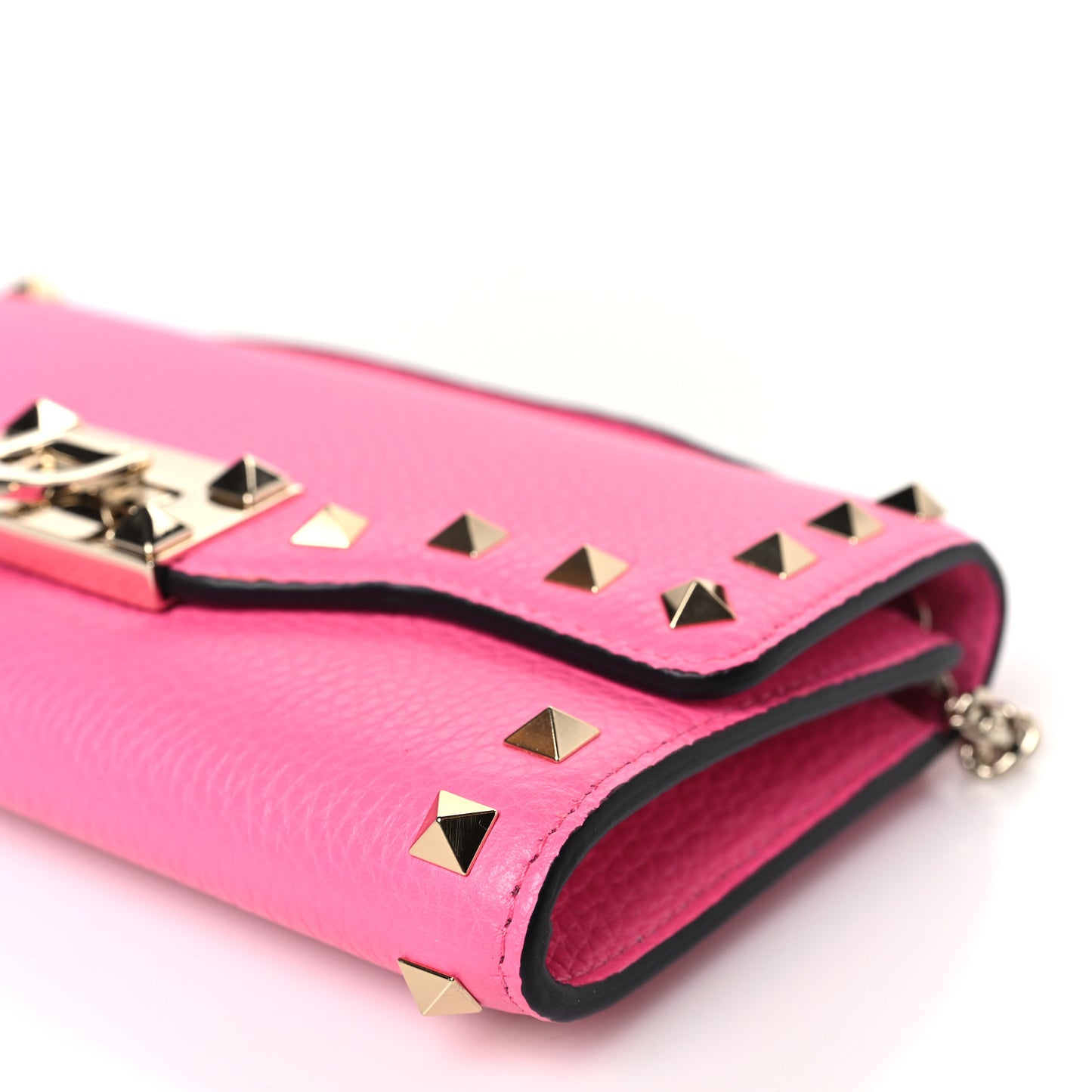Pebbled Calfskin Rockstud Flip Lock Wallet On Chain Feminine Pink