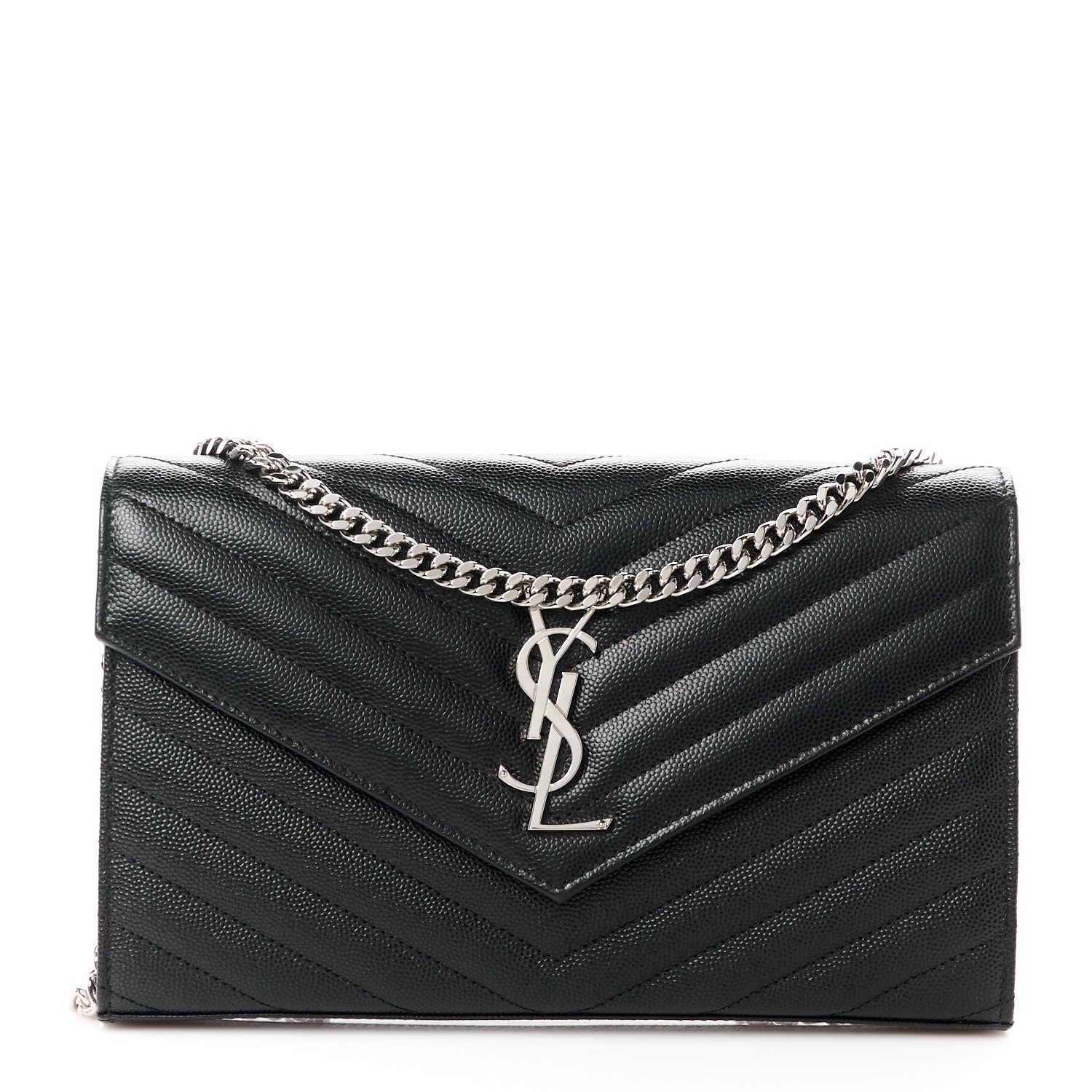 Saint Laurent Grain De Poudre Matelasse Chevron Monogram Chain Wallet Black 1 of 10