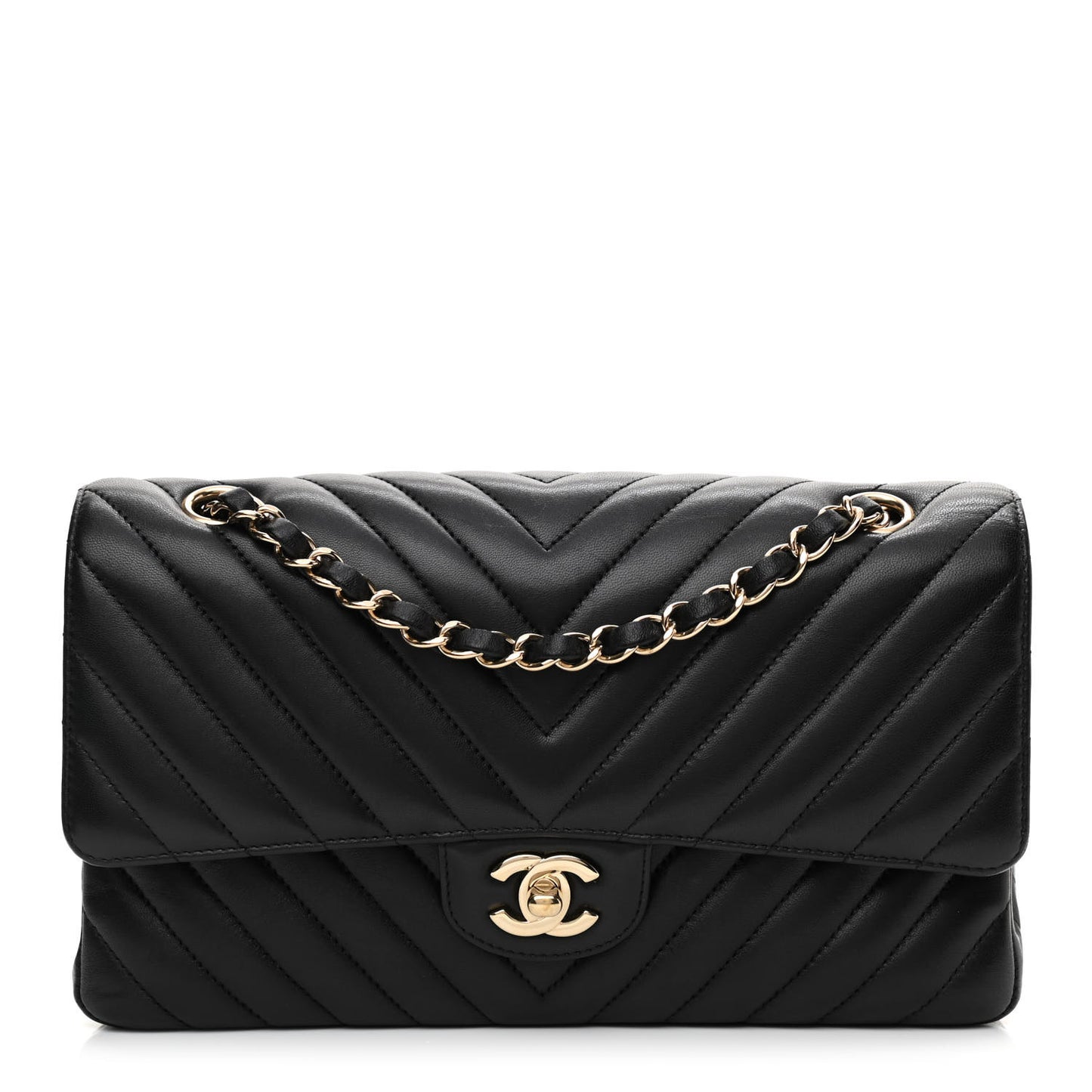 Calfskin Chevron Quilted Medium Double Flap Black