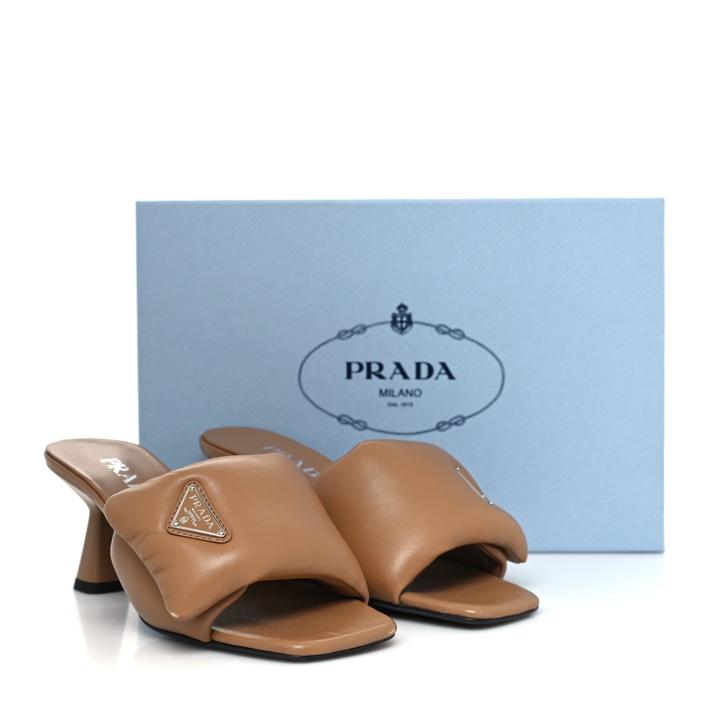 Nappa Soft Padded Metal Triangle Logo 65mm Slide Sandals 37 Caramel