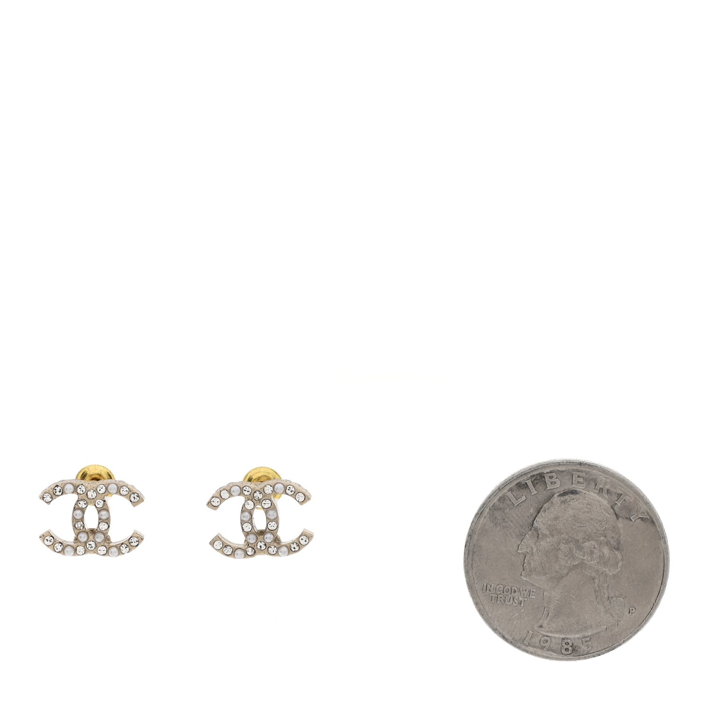 Pearl Crystal CC Charms Stud Earrings Light Gold