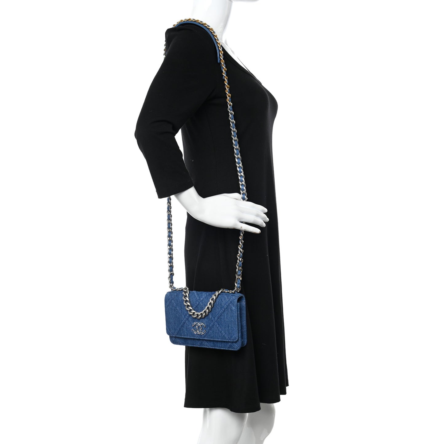 Denim Quilted Chanel 19 Wallet On Chain WOC Blue