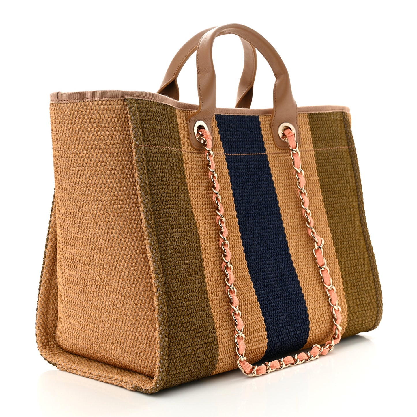 Straw Raffia Calfskin Striped Medium Deauville Tote Khaki Beige Navy Blue