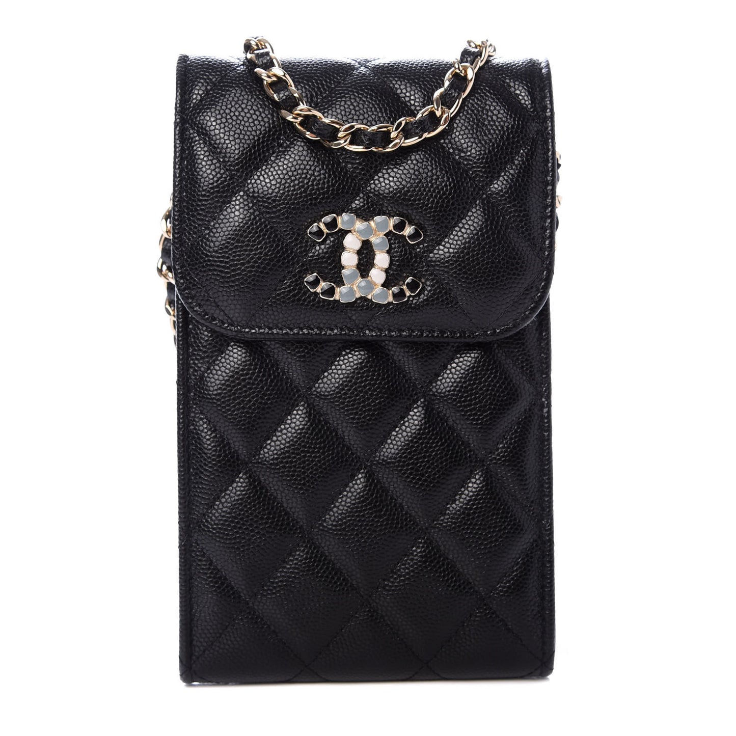 Caviar Quilted Crystal CC Airpods Pro and Phone Case With Chain Black