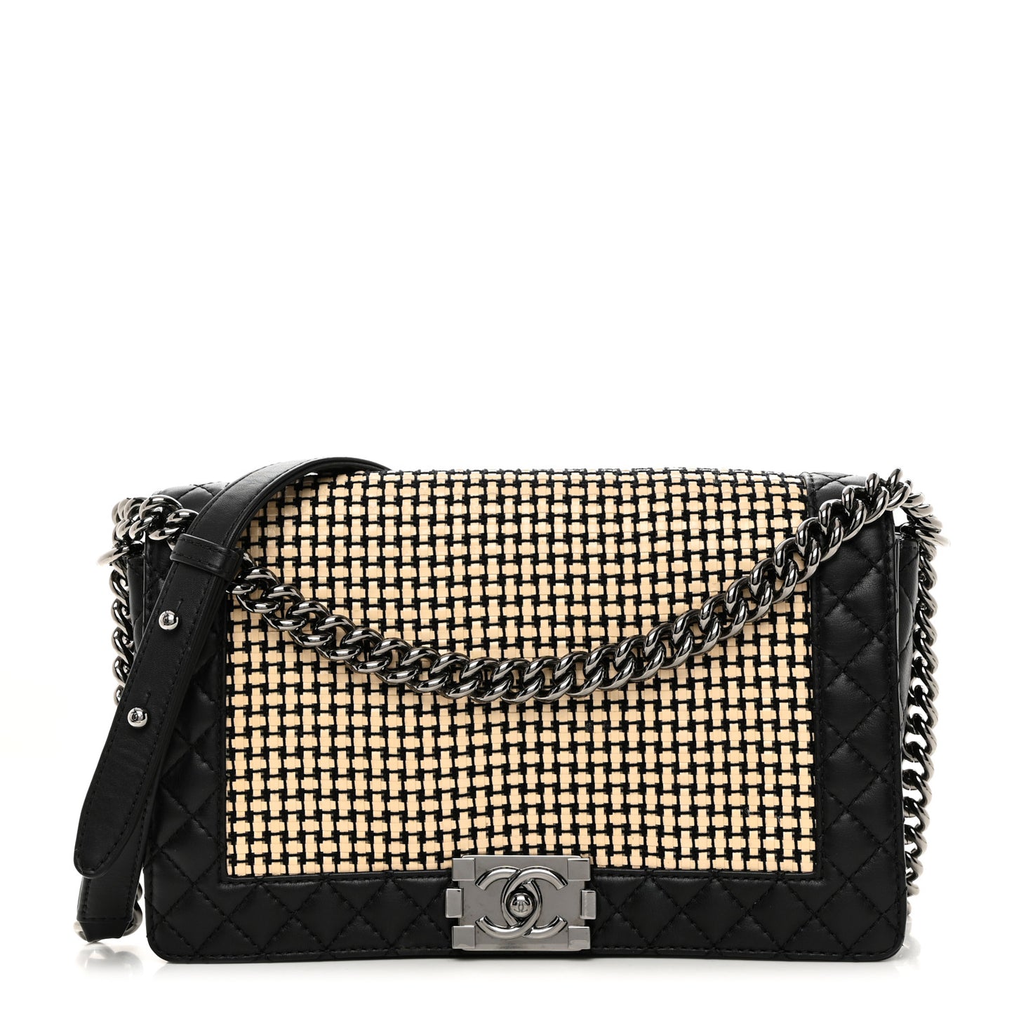 Calfskin Woven Medium Boy Reverso Flap Black