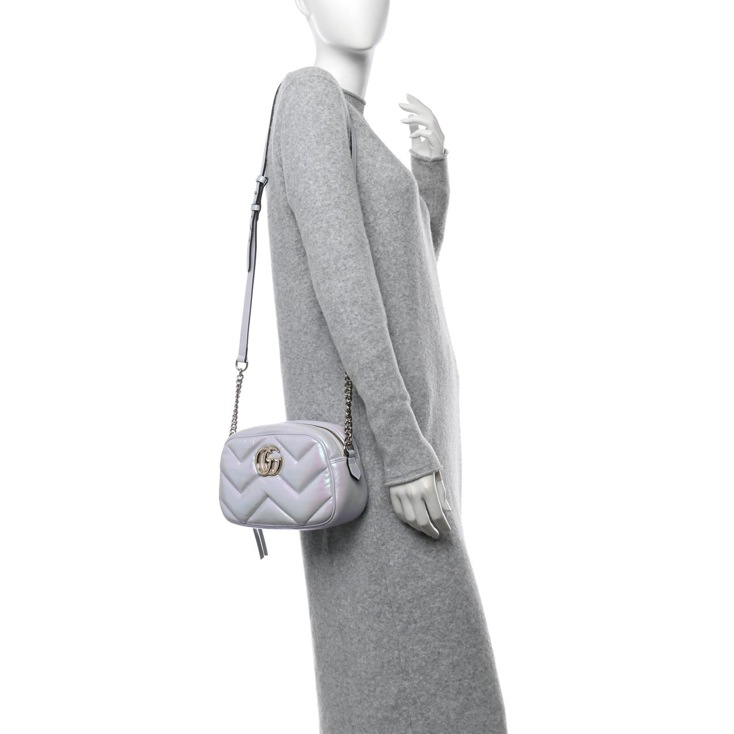 Iridescent Nappa Chevron Matelasse Small GG Marmont Chain Shoulder Bag Iridescent Snow Light Blue