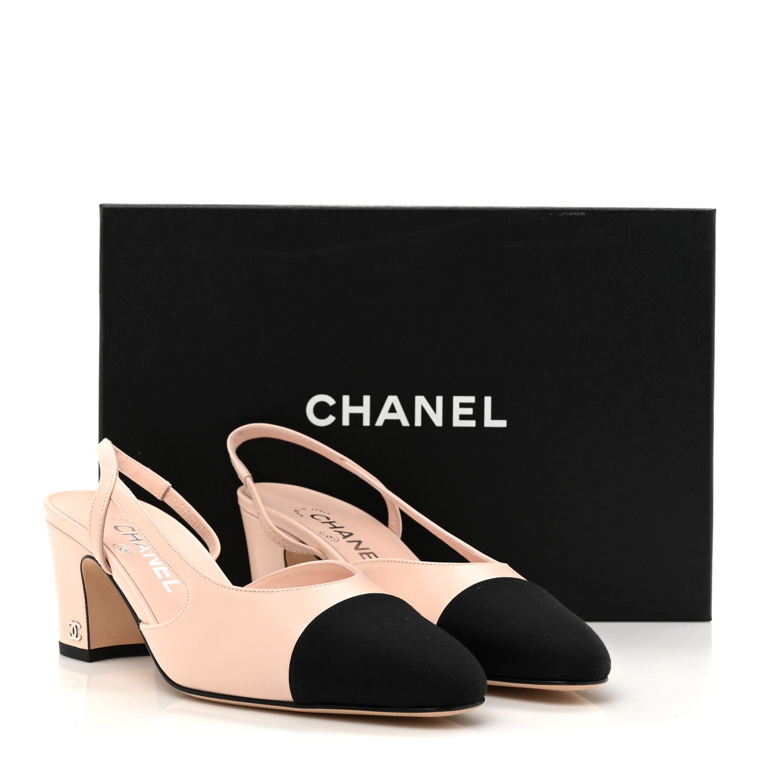 Chanel Calfskin Grosgrain Cap Toe CC Slingback Pumps 37 Light Pink Black 10 of 10