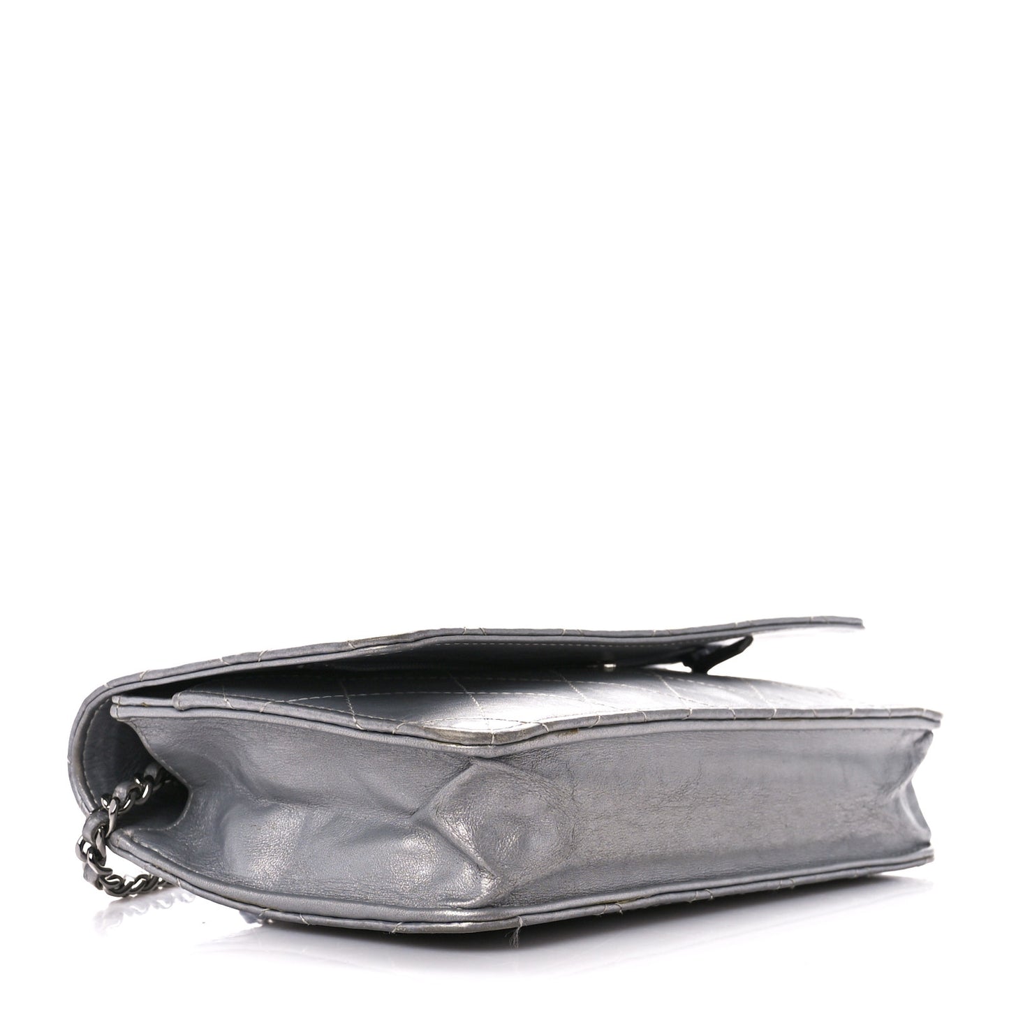 Metallic Aged Calfskin Quilted Wallet on Chain WOC Silver