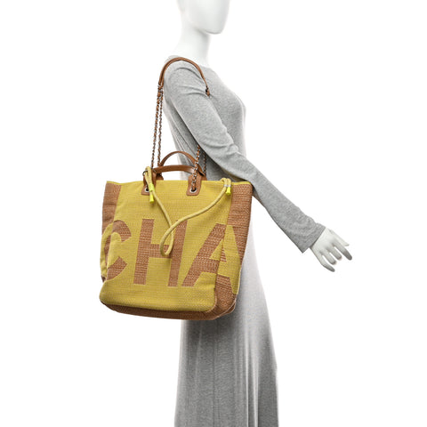 Mixed Fibers Large Shopping Bag Yellow Brown