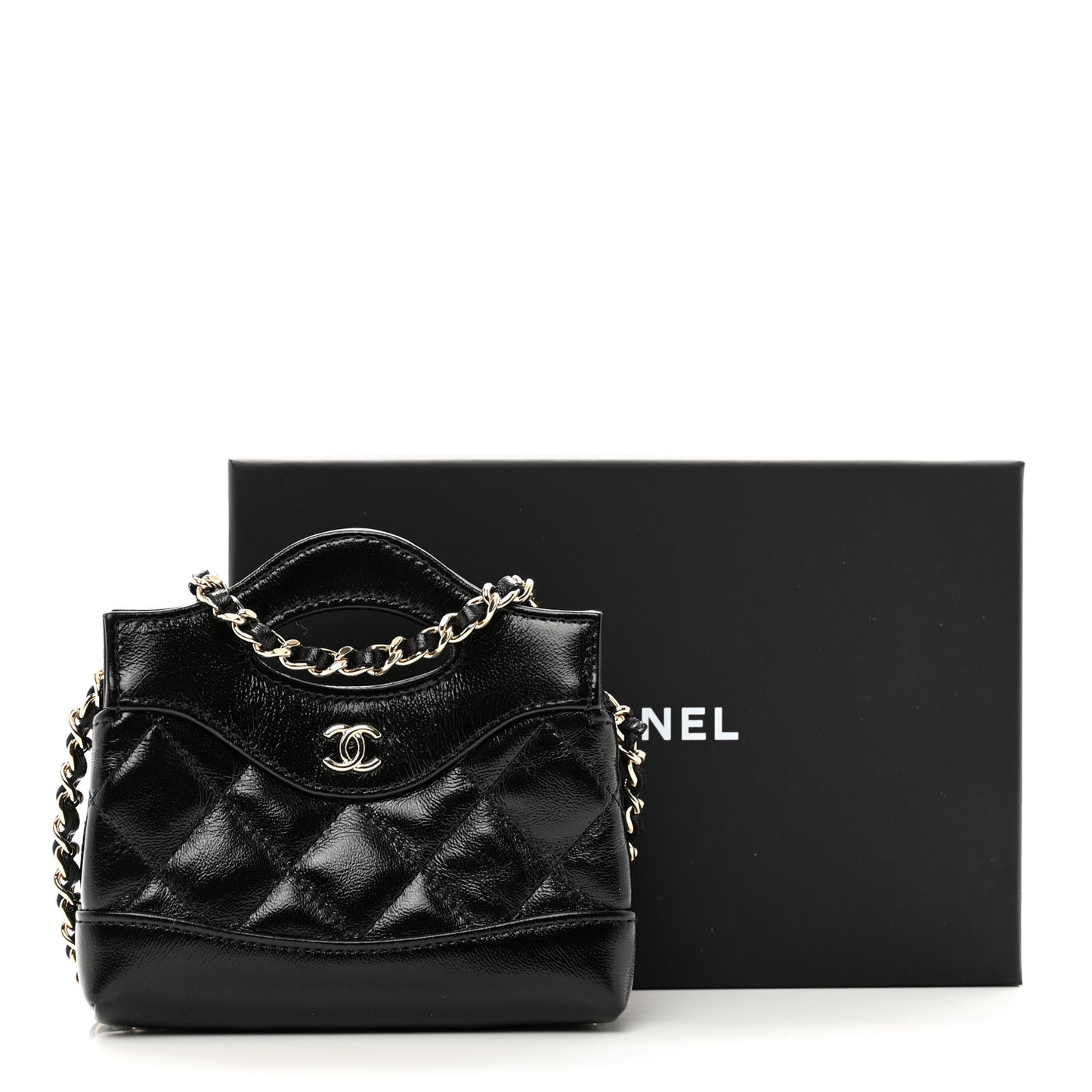 Shiny Lambskin Quilted Micro 31 Clutch With Chain Black