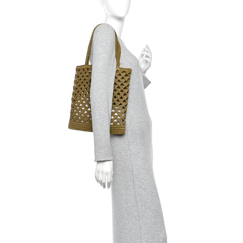 Yarn Raffia Effect Crochet Logo Embroidered Tote Bag Oliva