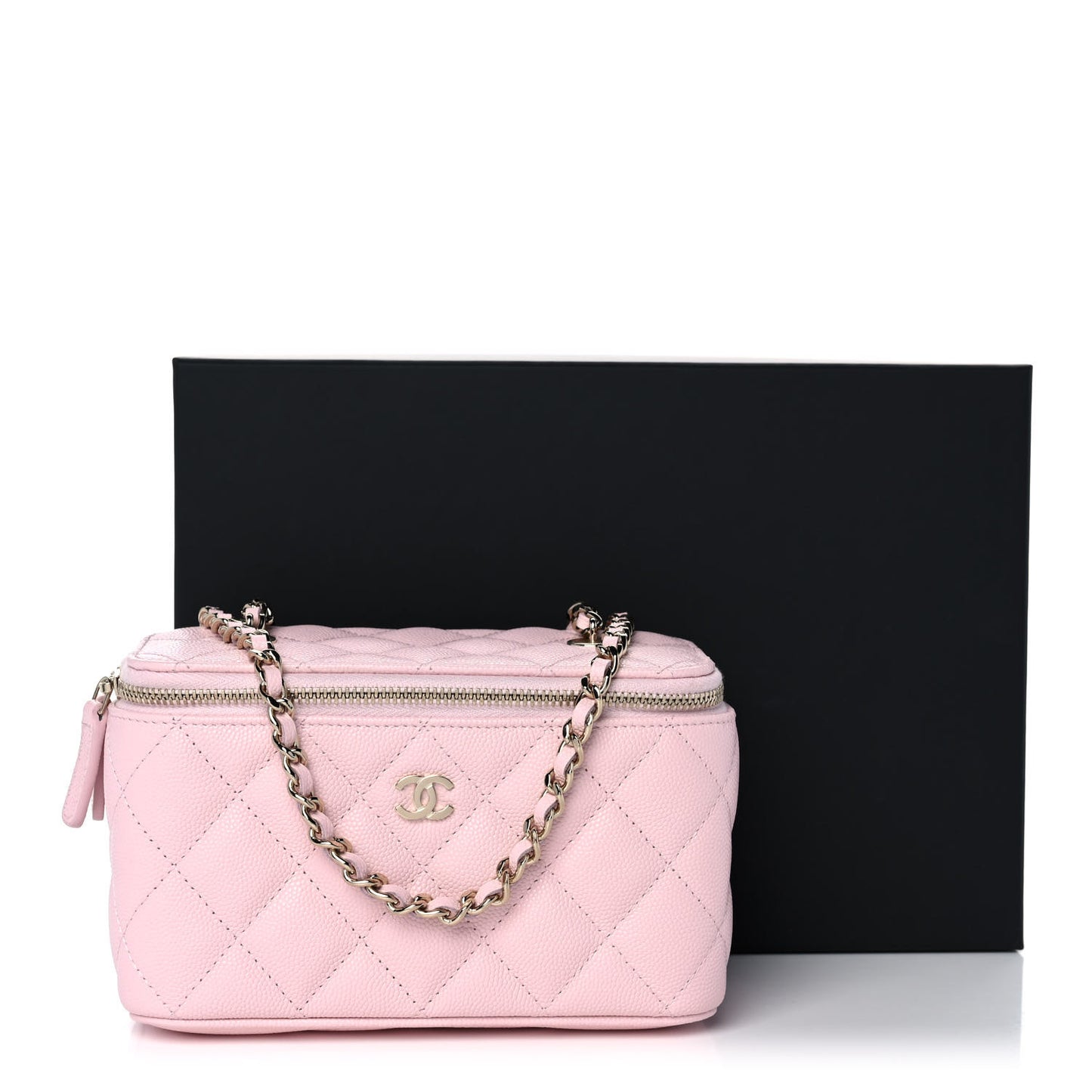 Caviar Quilted Small Vanity Case With Chain Light Pink