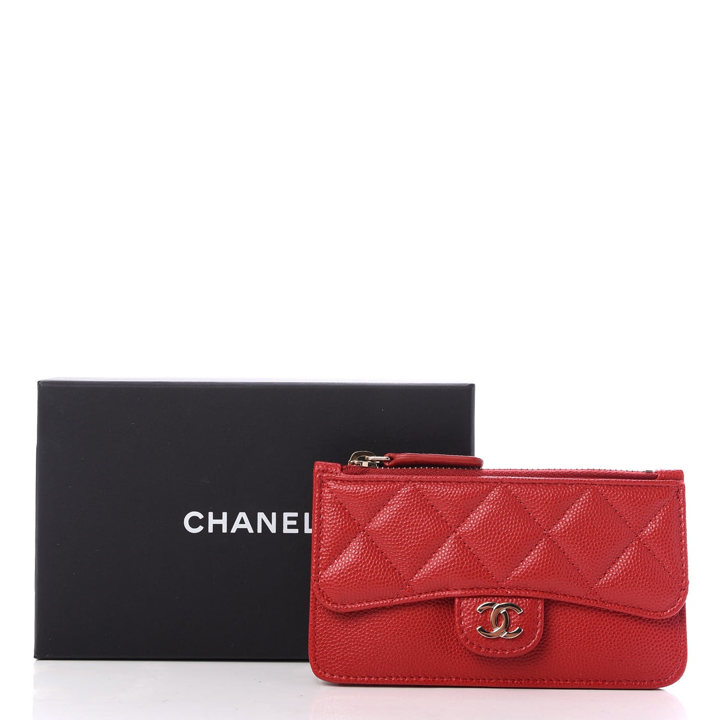 Caviar Quilted Flap Zip Card Holder Red