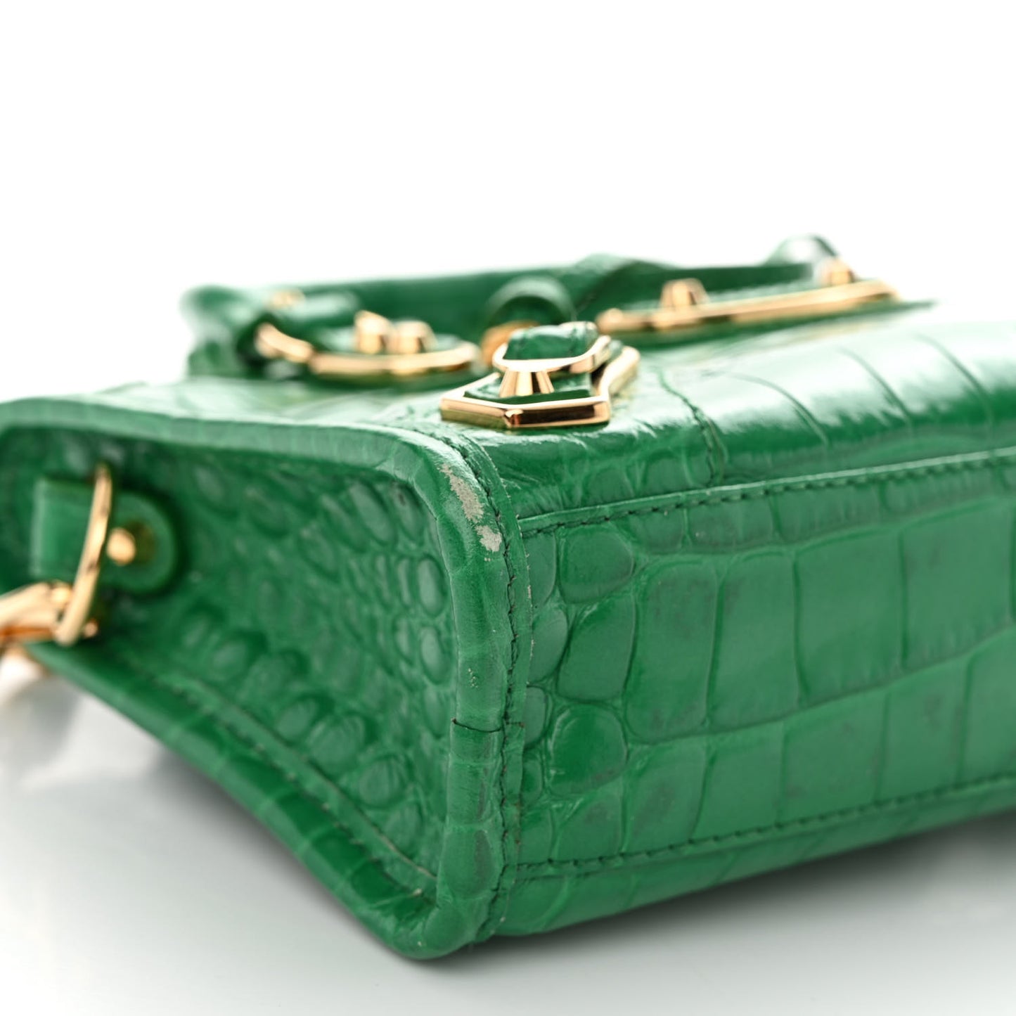 Shiny Supple Calfskin Crocodile Embossed Gold Metallic Edge Hardware Nano City Leaf Green