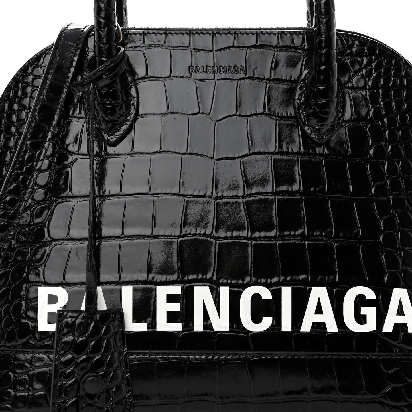 Shiny Calfskin Logo Crocodile Embossed S Ville Top Handle Bag Black White
