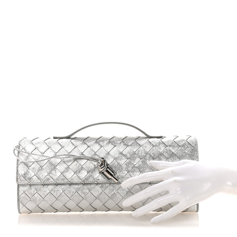 Metallic Lambskin Intrecciato Long Andiamo Top Handle Clutch Silver