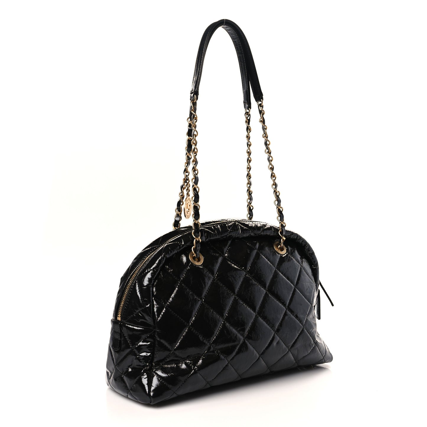 Shiny Crumpled Calfskin Quilted Large Bowling Bag Black