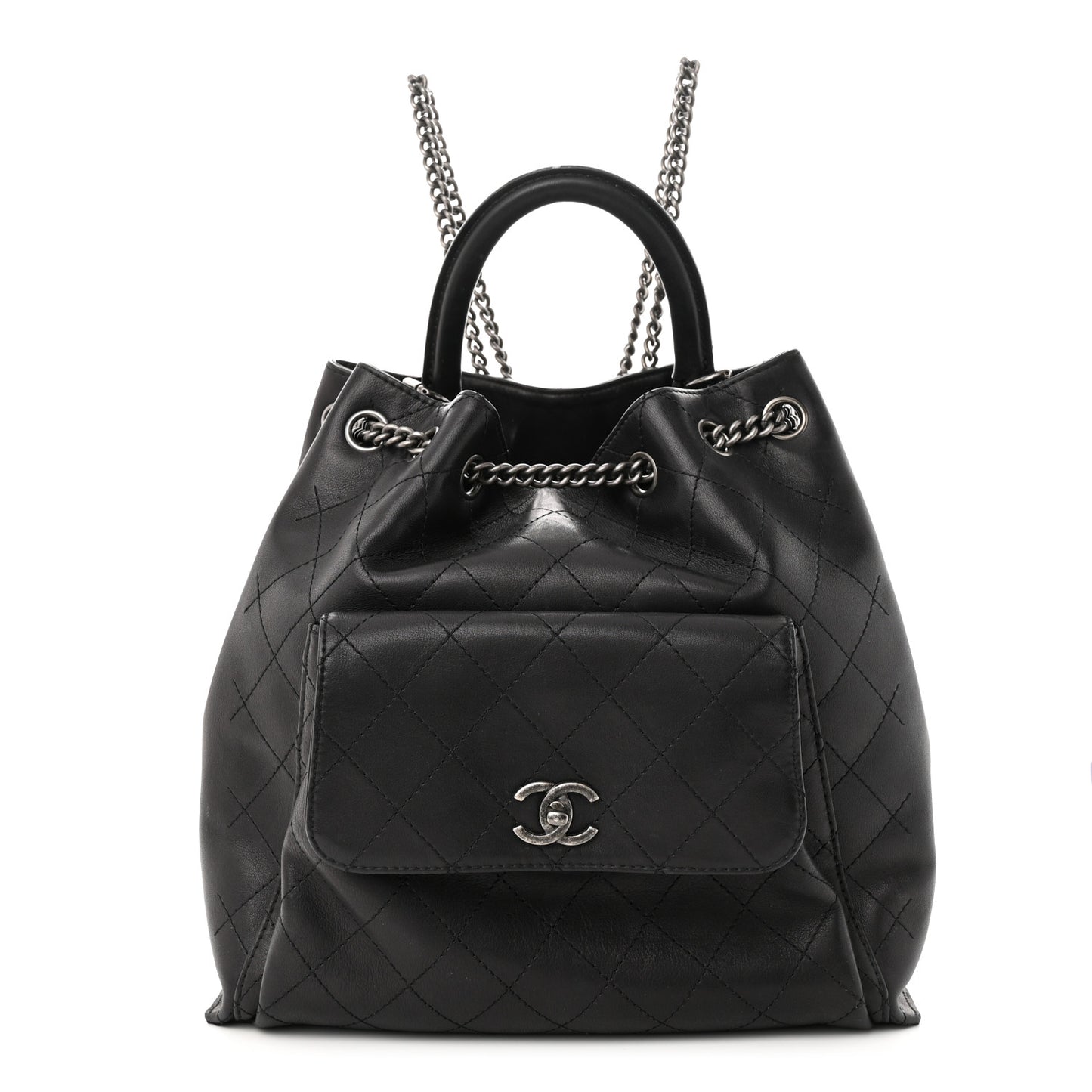 Calfskin Stitched Large Urban Luxury Drawstring Backpack Black