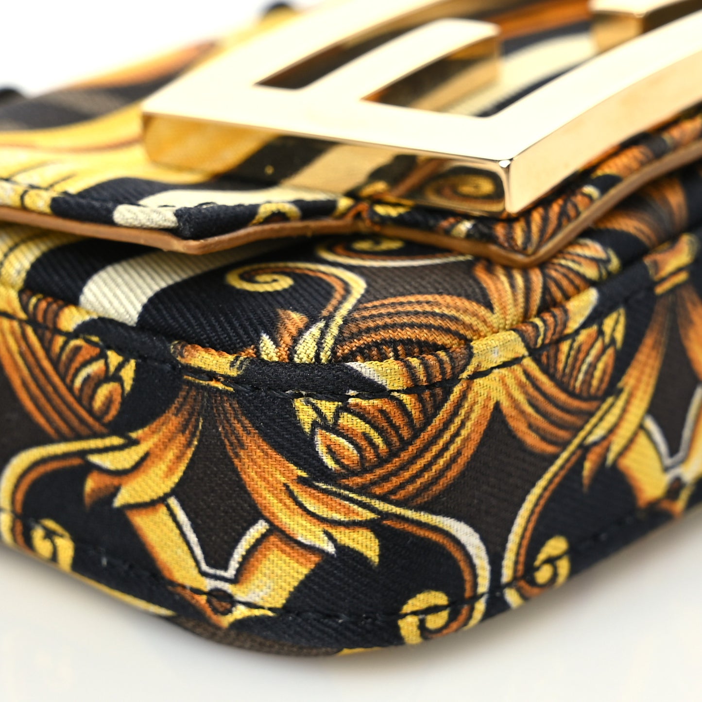 X VERSACE Silk Fendace FF Baroque Nano Brooch Baguette Black Gold