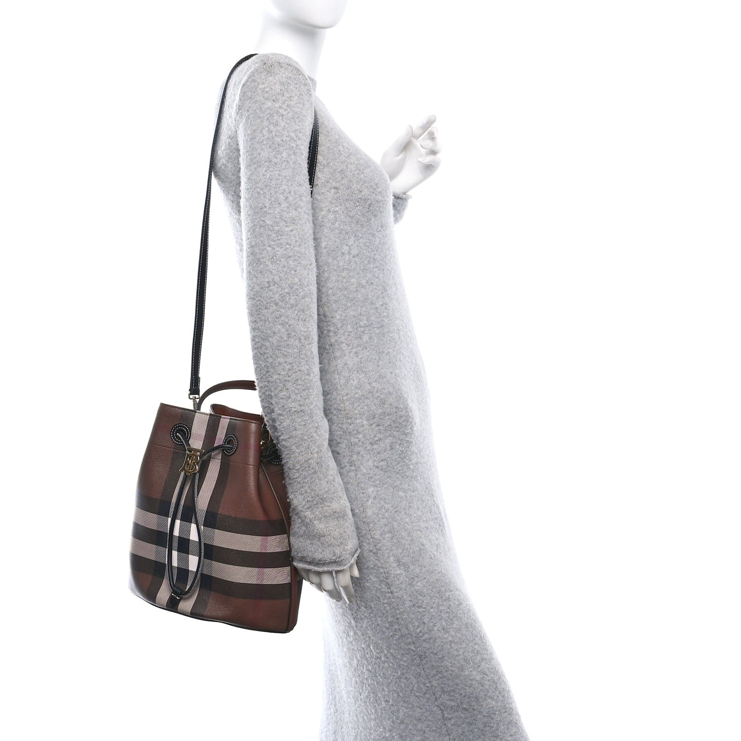 Giant Check Calfskin TB Mini Bucket Bag Dark Birch