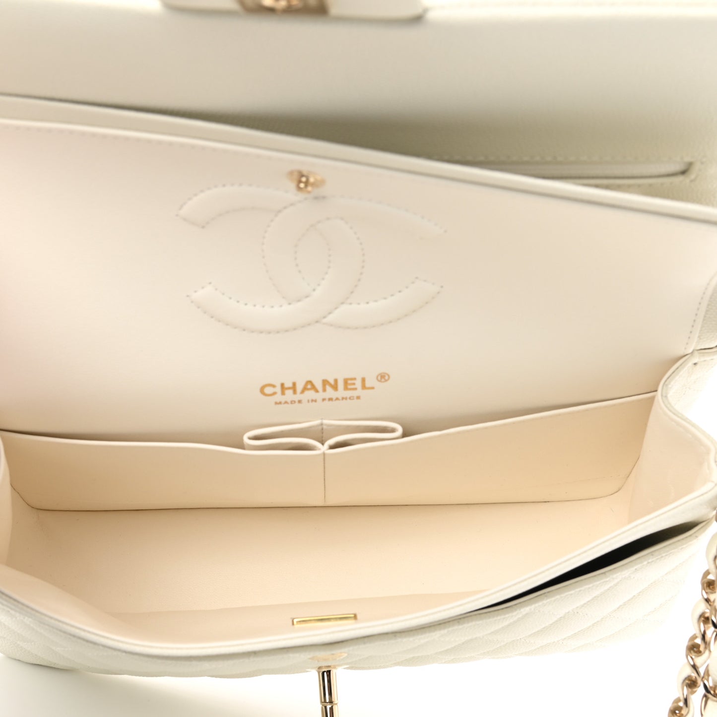 Caviar Quilted Medium Double Flap White