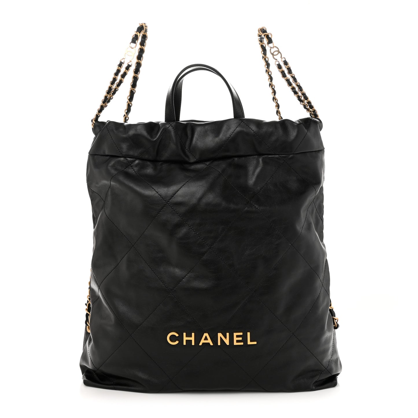 Shiny Calfskin Quilted Chanel 22 Backpack Black