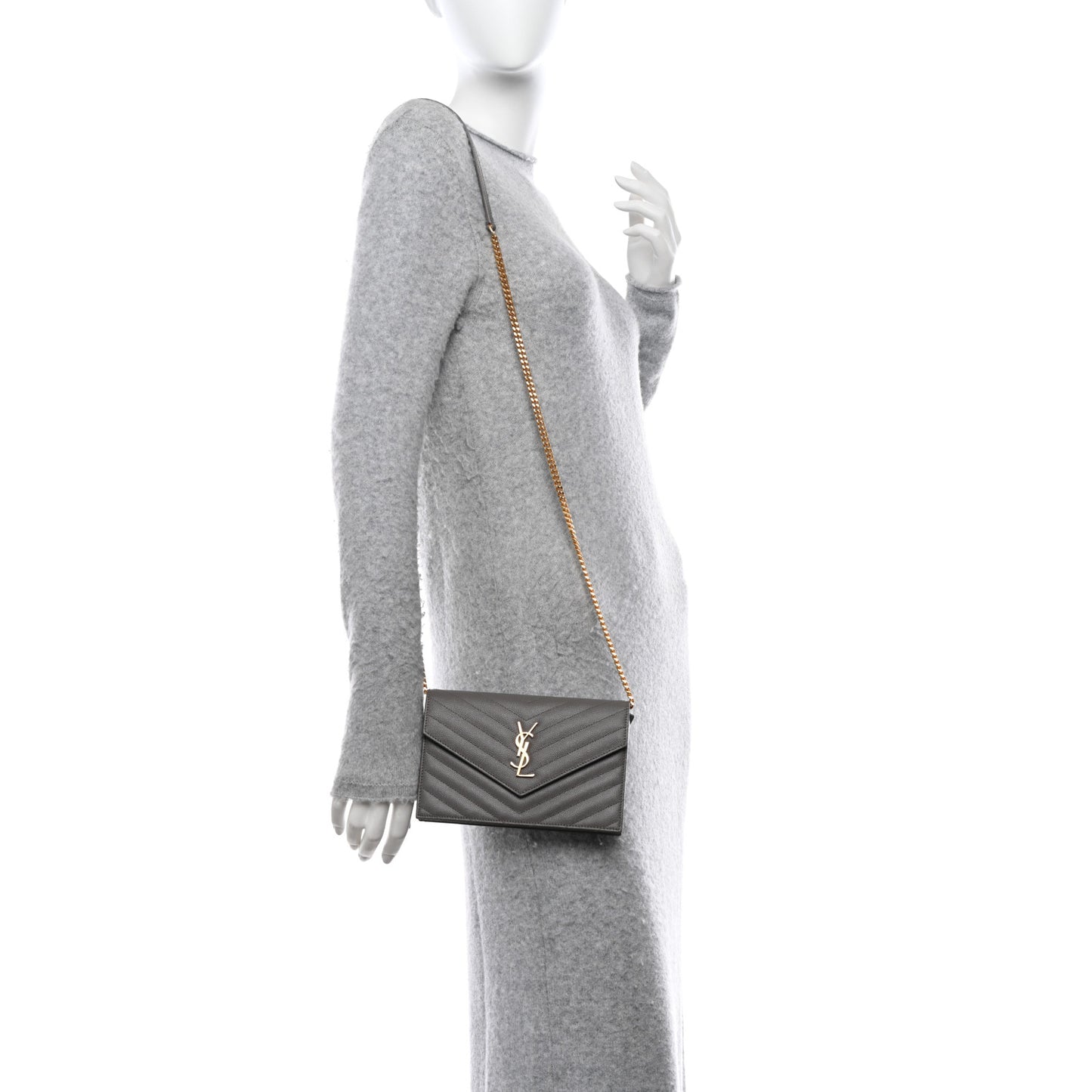 Grain De Poudre Matelasse Chevron Monogram Envelope Chain Wallet Fog